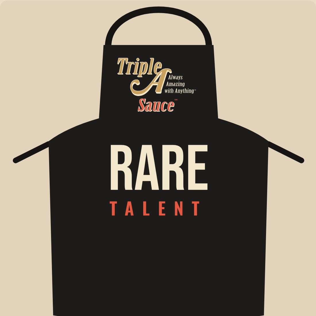 Black grill apron with the Triple A Sauce logo and Rare Talent
