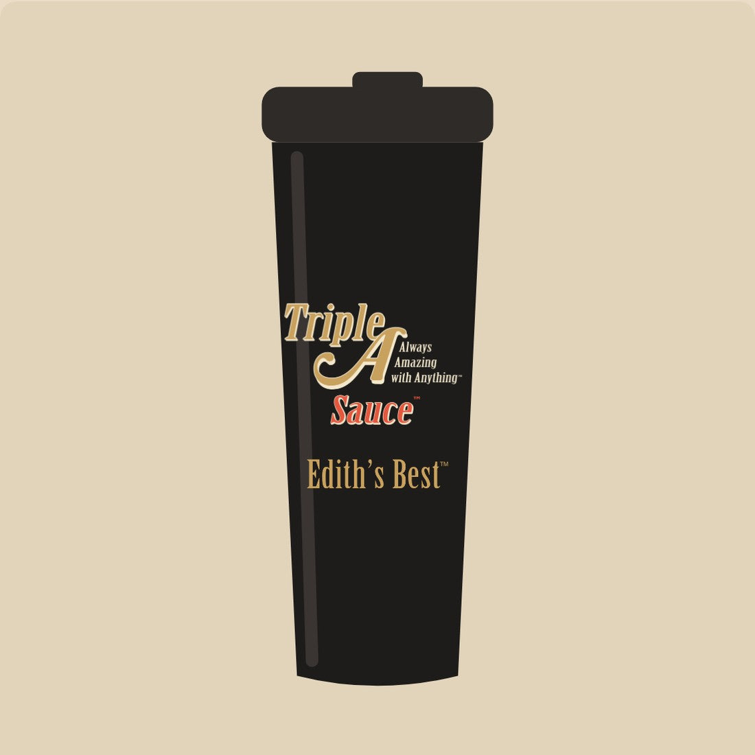 Matte black tumbler with the Triple A Sauce logo and Edith's Best wordmark