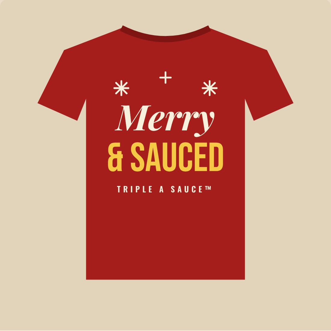 Red crewneck reading Merry and Sauced with snowflakes, Triple A Sauce