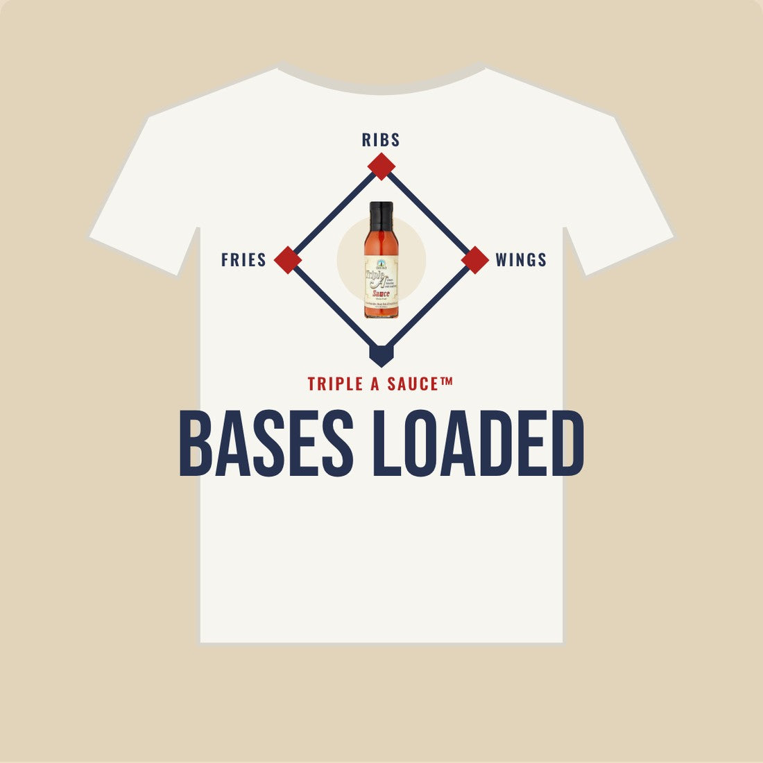 Bases Loaded tee: baseball diamond with a Triple A Sauce bottle on the mound