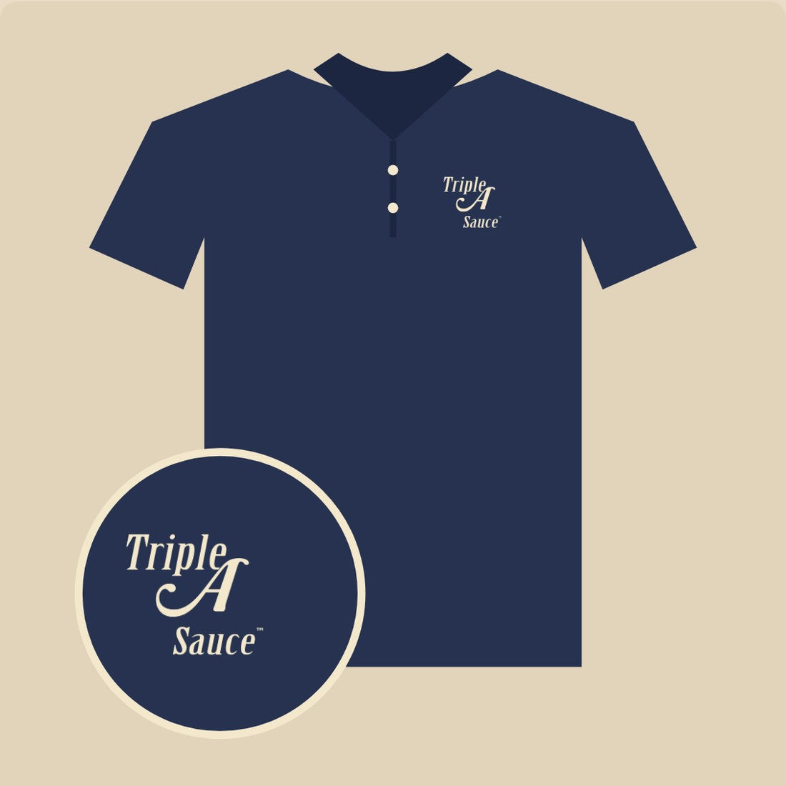 Navy polo with a small embroidered Triple A Sauce logo on the chest